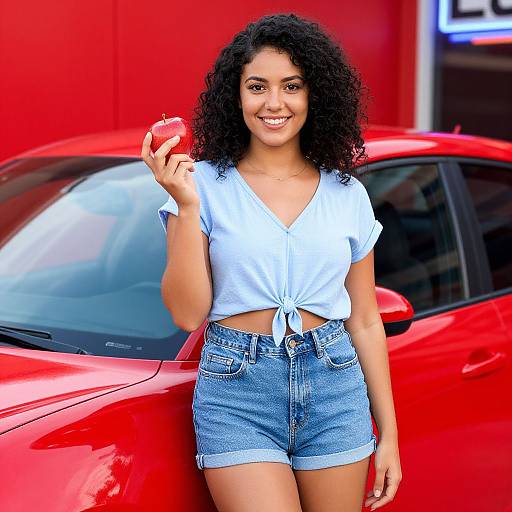 Smiling Woman by Red Car