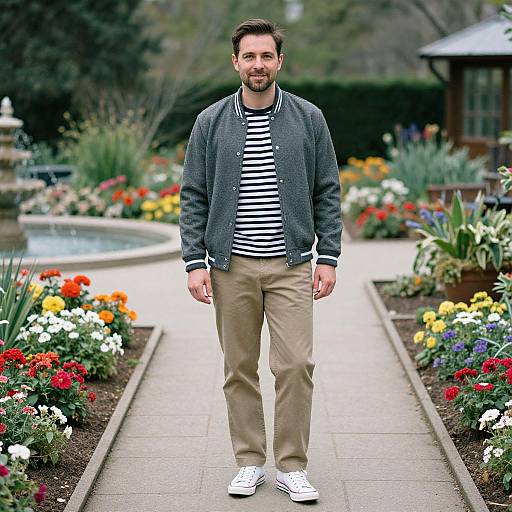 Photograph of a bearded man with short brown hair, wearing a gray cardigan, striped shirt, beige pants, and white sneakers, standing in