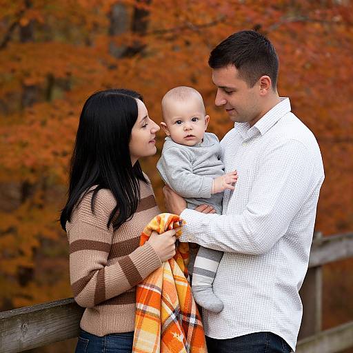 Photograph of a Caucasian family with a baby, autumn background: mother in brown striped sweater, father in white shirt, baby in gray, holding orange