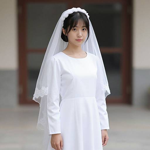 Photograph of an Asian young girl with straight black hair, wearing a white long-sleeve dress and veil, standing outdoors in front of a blurred