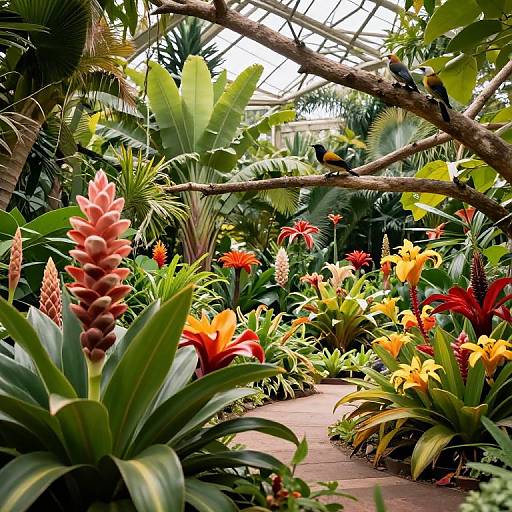 Photograph of a lush, vibrant indoor tropical garden with a variety of colorful flowers, large green leaves, and a curved brick path under a glass roof