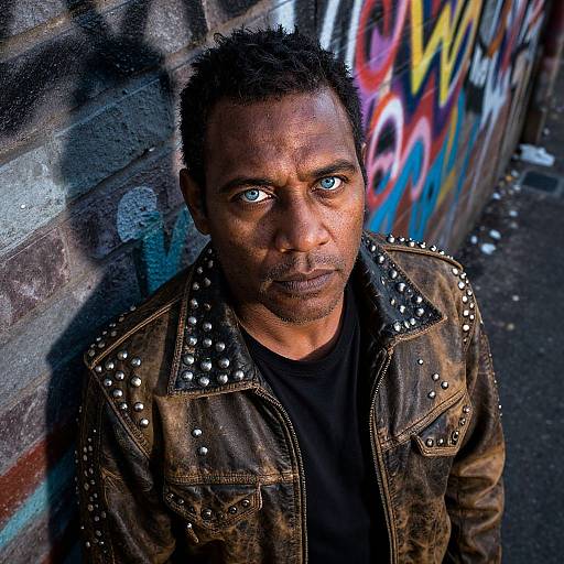 Photograph of a dark-skinned man with short, spiked hair, wearing a studded brown leather jacket, standing against a graffiti-covered wall. Int