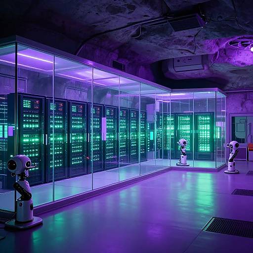 Photograph of a futuristic data center with neon purple and green lights, glass-walled server racks, and robotic figures on a glossy floor.