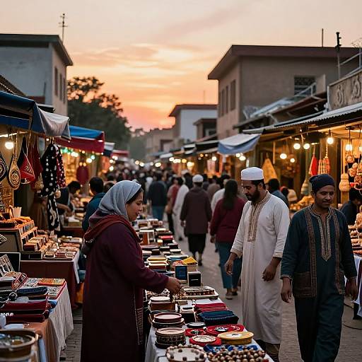 Photograph of a bustling evening market with diverse vendors and shoppers, colorful stalls, and warm sunset light, showcasing traditional attire.