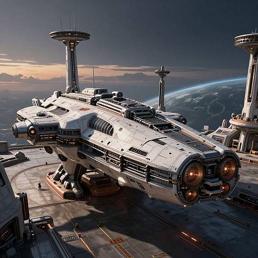 Photorealistic CGI of a futuristic, white spaceship with large engines on a space station, illuminated by sunset, with planet visible in the background.