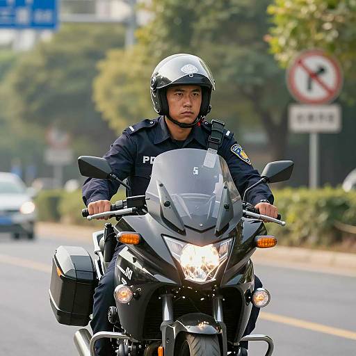 Police Officer on Motorcycle in Urban Street