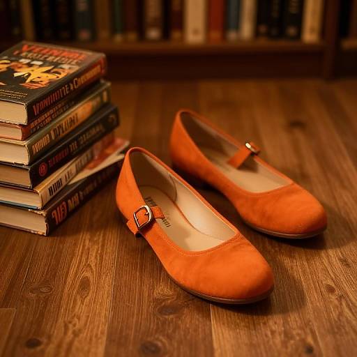 Photograph of a stack of books beside a pair of orange suede Mary Jane shoes with a small buckle, on a wooden table in a dimly lit
