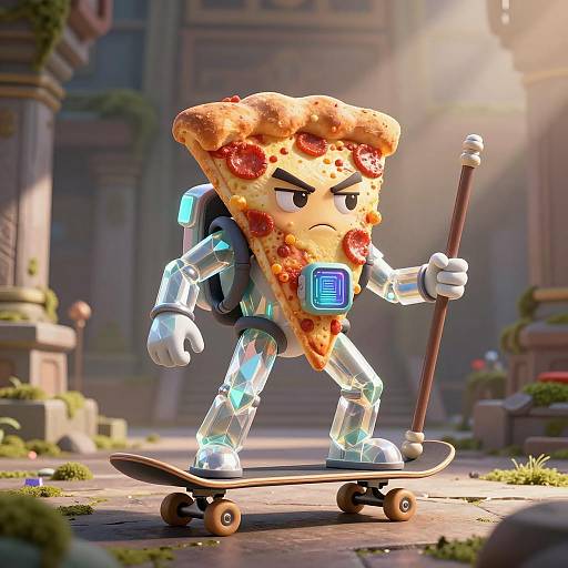 Dynamic Pizza Slice Skateboarder in Temple