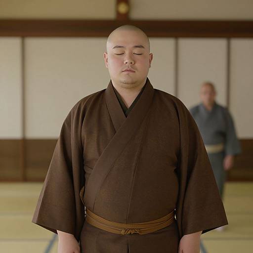 Photograph of a bald, fair-skinned Buddhist monk in a brown kimono with eyes closed, standing in a traditional Japanese room, blurred older man