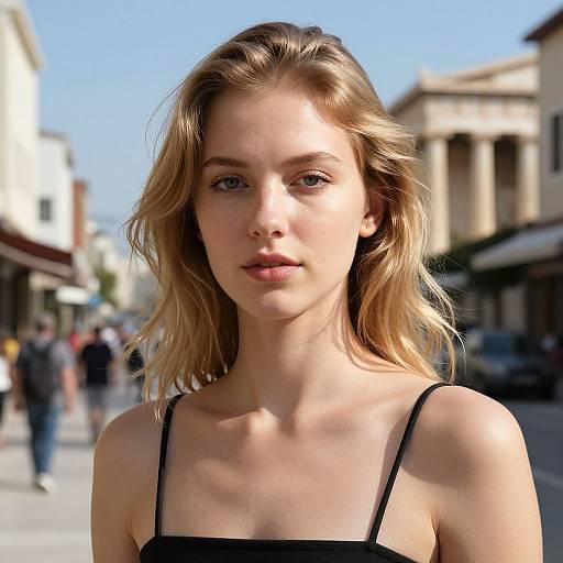 Photograph of a young blonde woman with light skin, blue eyes, and shoulder-length hair, wearing a black spaghetti-strap top, standing on a