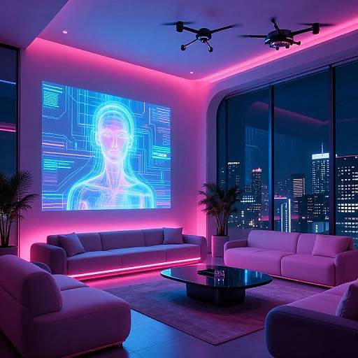 Modern, neon-lit living room with purple and pink ambient lighting, large digital portrait on wall, city skyline view, white sofas, black coffee table