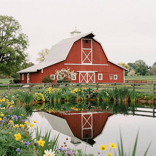 Idyllic Red Barn by Tranquil Pond