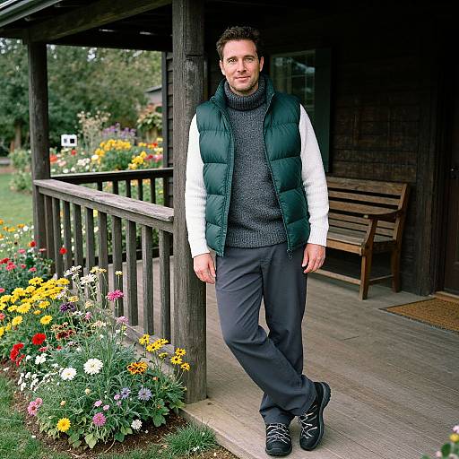 Photograph of a smiling man in a green puffer vest, white sleeves, gray sweater, black pants, and shoes, standing on a wooden porch