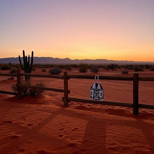 Photograph of a desert sunset with a wooden fence, cacti, and a black-and-white patterned bag hanging in the foreground.