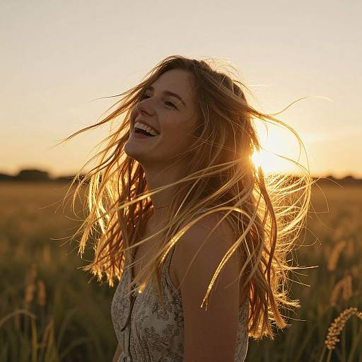 Photograph of a smiling young woman with long, windswept blonde hair, wearing a floral dress, standing in a golden wheat field at sunset.