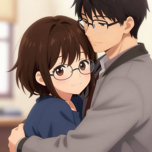 Anime-style digital drawing of a young couple; tall, black-haired man with glasses hugs short-haired, brown-haired woman in blue hoodie, both smiling softly