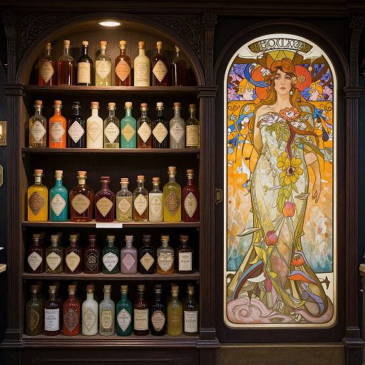 Photograph of an ornate wooden liquor cabinet with colorful, stained-glass Art Nouveau portrait of a woman surrounded by various bottles.