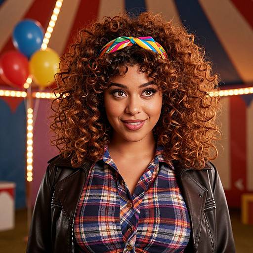 Photograph of a smiling young woman with curly brown hair, colorful headband, plaid shirt, black leather jacket, and colorful background with balloons and