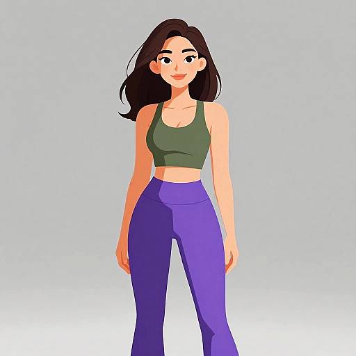 Digital illustration of a smiling woman with long black hair, green sports bra, and purple yoga pants, standing against a light blue gradient background.