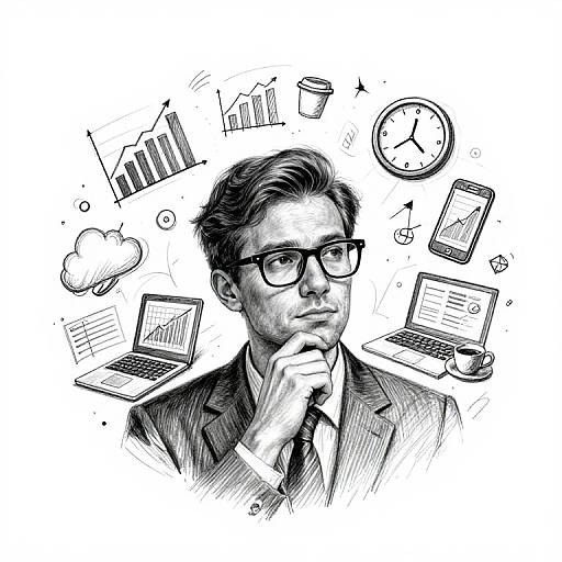 Black-and-white digital sketch of a thoughtful, bespectacled man in a suit surrounded by floating laptops, graphs, clock, and charts.