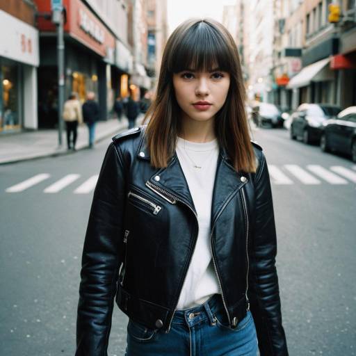 Young Woman with Full Bangs Wearing Leather Jacket on City Street