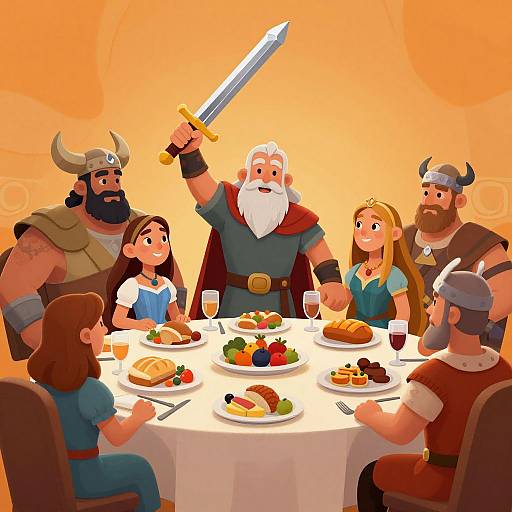 Cartoon-style illustration of six medieval warriors and princesses having a feast, with one bearded man raising a sword at the center.