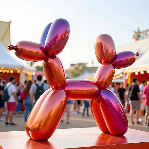Photograph of a shiny, red and purple metallic sculpture of a human figure, arms raised, in a bustling outdoor market at sunset.