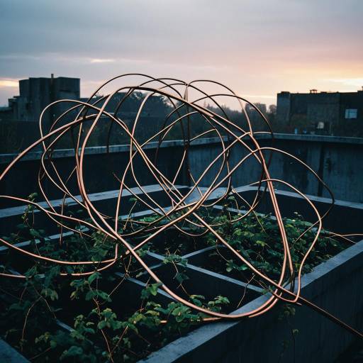 Geometric Copper Sculpture in Rooftop Garden at Sunrise