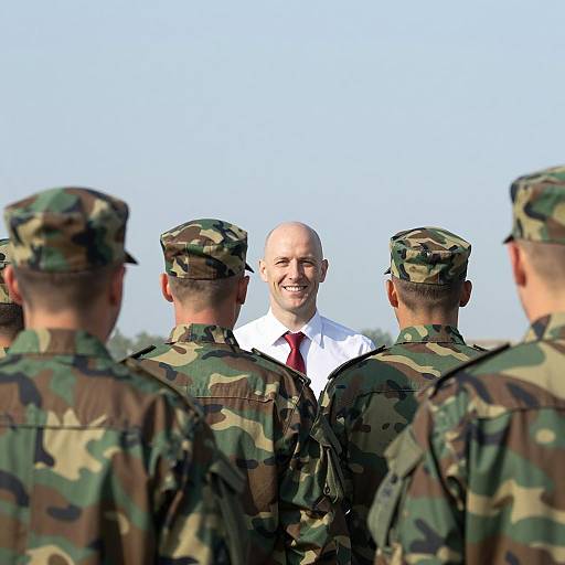 Soldiers in Camouflage with Smiling Leader