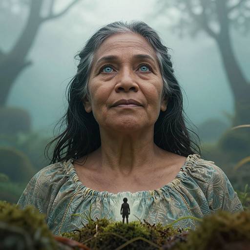 Photograph-like CGI of an elderly woman with long black hair, blue eyes, and wrinkled face, looking up in a misty forest, with