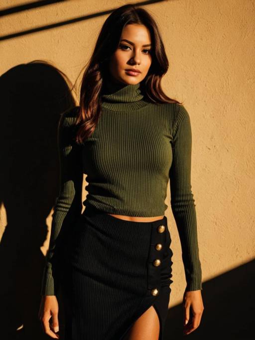 Stylish Woman in Olive Green Turtleneck and Wrap Skirt