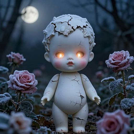 Eerie Porcelain Doll in Moonlit Garden