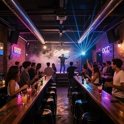 Photograph of a vibrant nightclub with neon signs, smoke, and DJ performing; patrons sitting at wooden barstools with drinks, under colorful lights and