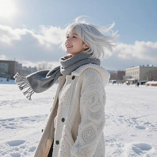Photograph of a smiling woman with white hair, wearing a fluffy white coat and gray scarf, standing in a snowy urban area on a bright, sunny