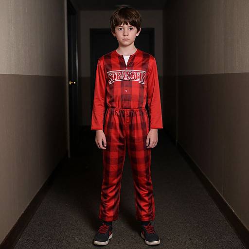 Photograph of a young boy in a red plaid pajama set with 