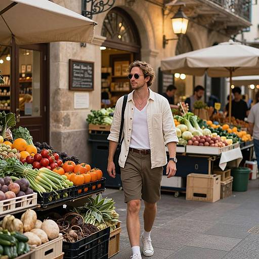 Photograph of a curly-haired man in white shirt, brown shorts, sunglasses, walking past vibrant outdoor market stalls with fresh fruits and vegetables under white umb