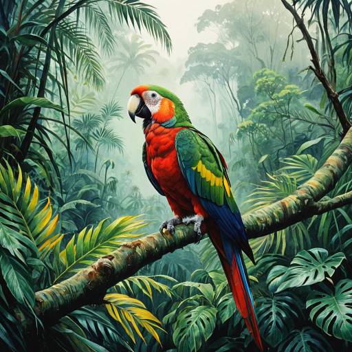 Vibrant Parrot in Misty Tropical Rainforest