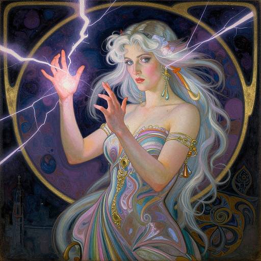 Digital painting of a fair-skinned, blue-eyed, long white-haired woman with glowing hands, wearing a colorful, strapless dress, surrounded by electric