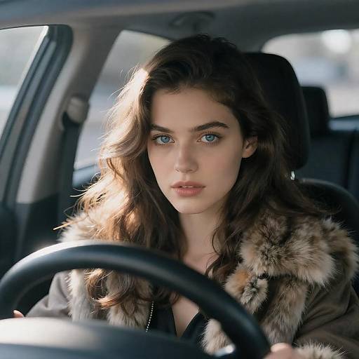 Young Woman Driving Car with Fur-Trimmed Jacket