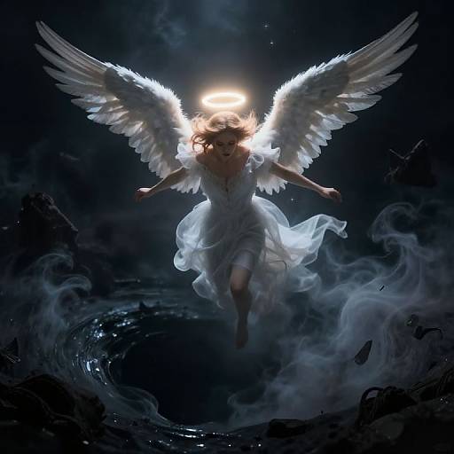 Digital art of a radiant, white-winged angel with flowing dress, halo, and ethereal smoke, descending from a glowing, celestial background.