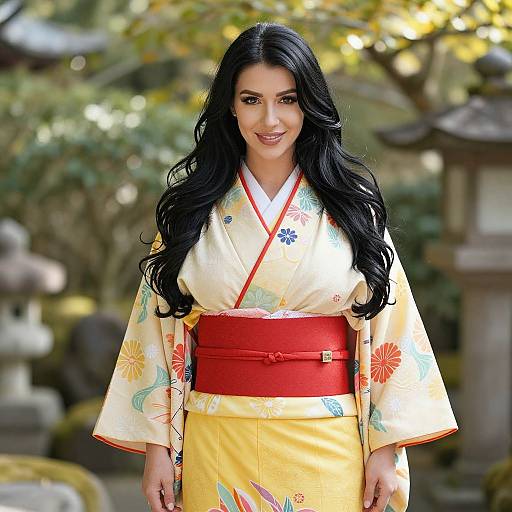 Photograph of a smiling Asian woman with long black hair, wearing a yellow and cream floral kimono with red obi, standing in a sunlit