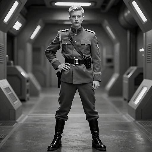 Young Man in Military Uniform in Futuristic Tunnel