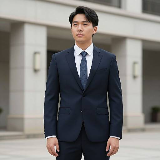 Photograph of a young Asian man with black hair, wearing a dark navy suit, white shirt, and blue tie, standing in front of a modern