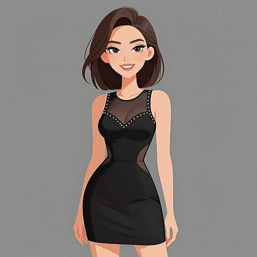 Digital illustration of a smiling woman with short brown hair, wearing a sleeveless black dress with a mesh neckline, against a gray background.