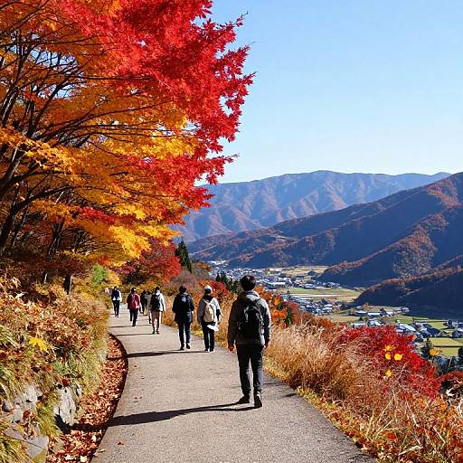 Photograph of a winding path through vibrant autumn foliage, with red and yellow leaves, people walking, and a mountainous valley in the background.