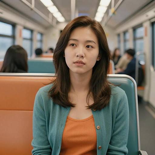 Thoughtful young woman on commuter train