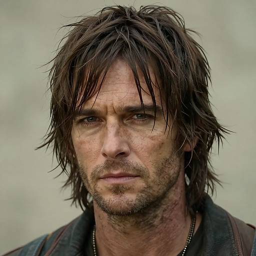 Photograph of a rugged, dirty, disheveled, middle-aged man with messy brown hair, light stubble, intense gaze, and worn brown