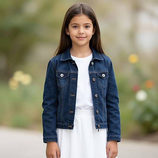 Photograph of a young girl with long dark hair, wearing a white dress and blue denim jacket, standing outdoors with a blurred green and yellow garden background