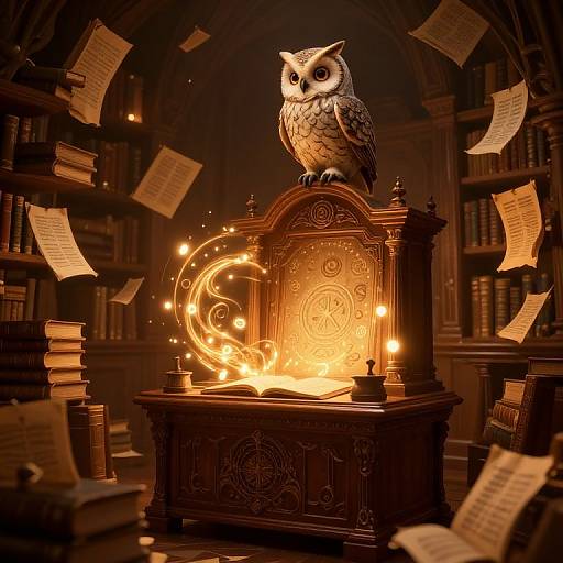 Photograph of a glowing, ornate wooden cabinet with a detailed owl on top, surrounded by floating papers in a dimly lit, book-filled library