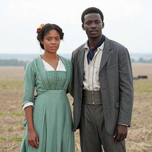 Photograph of an African couple standing outdoors; woman in a green dress with white collar, flowers in hair; man in gray suit, striped shirt,